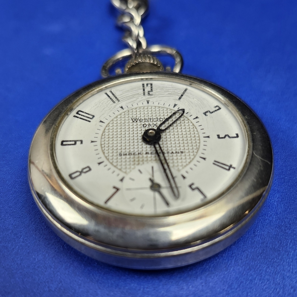 Vintage Westclox Dollar Pocket Dax Pocket Watch Chrome Plated with Waffle Dial.